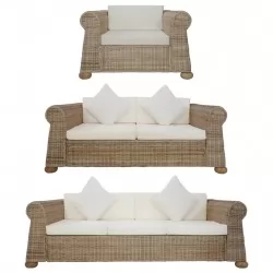 Комплект мека мебел от 3 части, с възглавници, естествен ратан