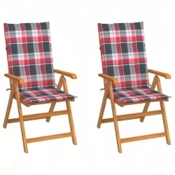 Градински столове, 2 бр, възглавници на червено каре, тик масив