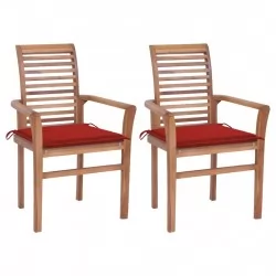 Трапезни столове 2 бр червени възглавници тиково дърво масив