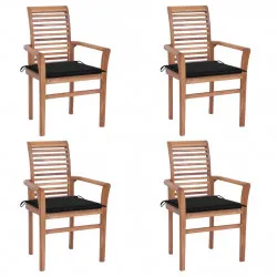 Трапезни столове, 4 бр, с черни възглавници, тик масив
