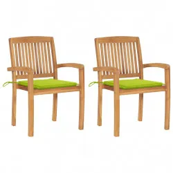 Градински столове, 2 бр, яркозелени възглавници, тик масив