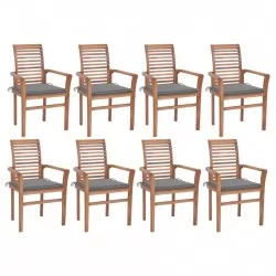 Трапезни столове, 8 бр, със сиви възглавници, тик масив