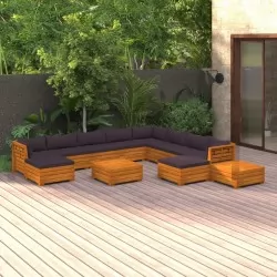 Градински лаундж комплект с възглавници, 12 части, акация масив