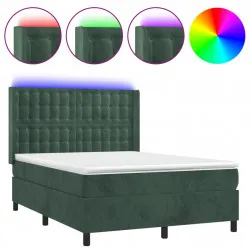 Боксспринг легло с матрак и LED, тъмнозелено, 140x190см, кадифе