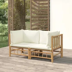 Градински ъглови дивани с кремавобели възглавници, 2 бр, бамбук