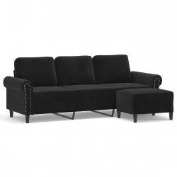 3-местен диван с табуретка, черно, 180 см, кадифе