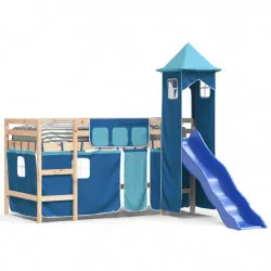 Детско високо легло с кула, синьо, 90x200 см, бор масив
