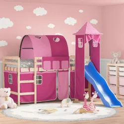 Детско високо легло с кула, розово, 90x190 см, бор масив