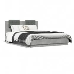 Рамка за легло с табла и LED осветление бетонно сив 150x200 см