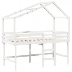 Таванско легло със стълба и покрив, бяло, 80x200 см, бор масив