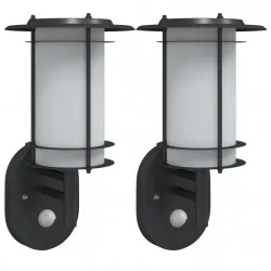 Външни стенни лампи със сензори, 2 бр, черни, инокс