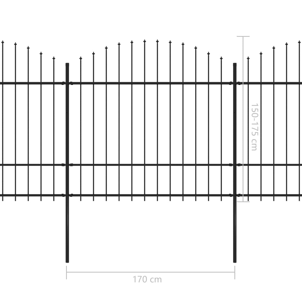 Градинска ограда с пики, стомана, (1,5-1,75)x5,1 м, черна