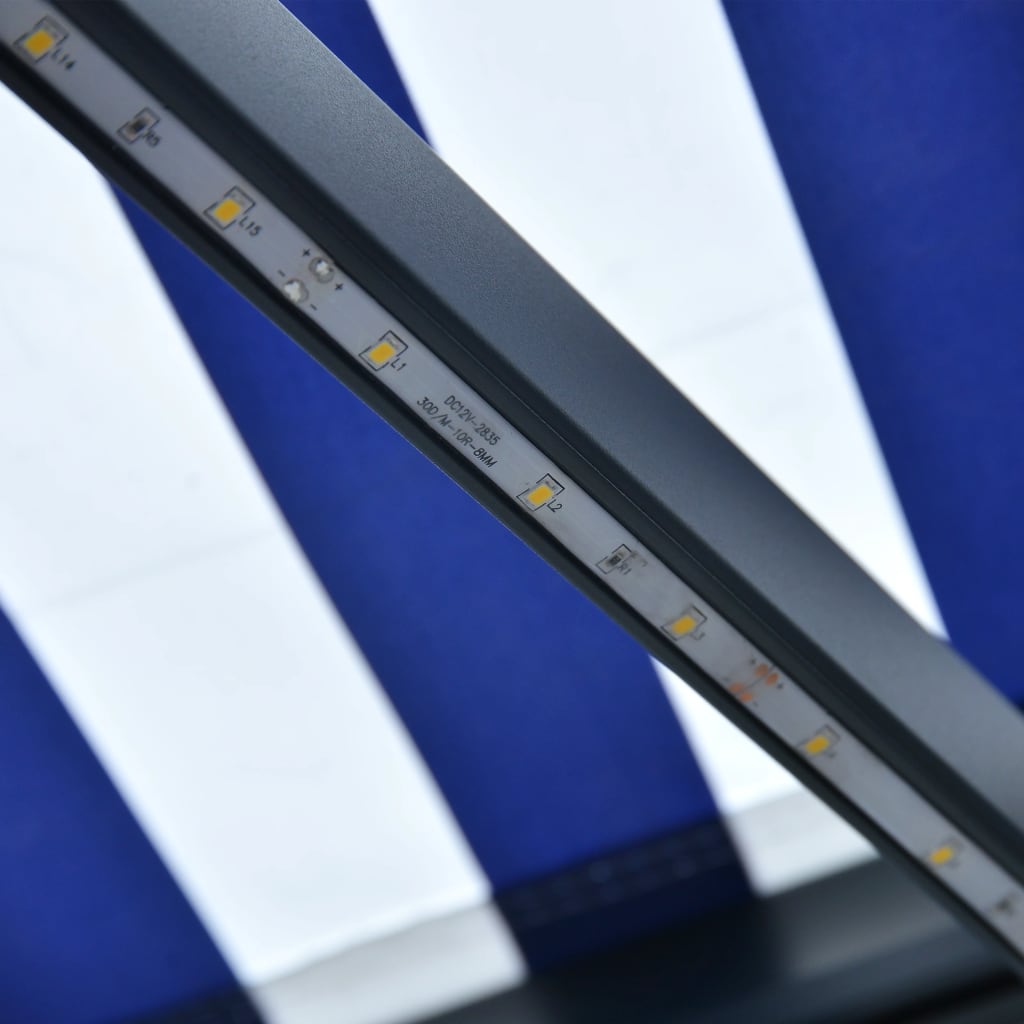 Сенник, сензор за вятър и LED, 500x300 см, синьо и бяло 