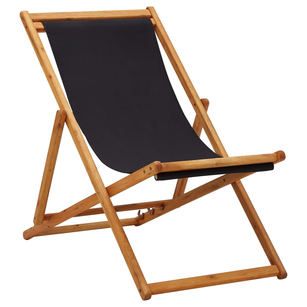 Сгъваем плажен стол, евкалиптово дърво и текстил, черен