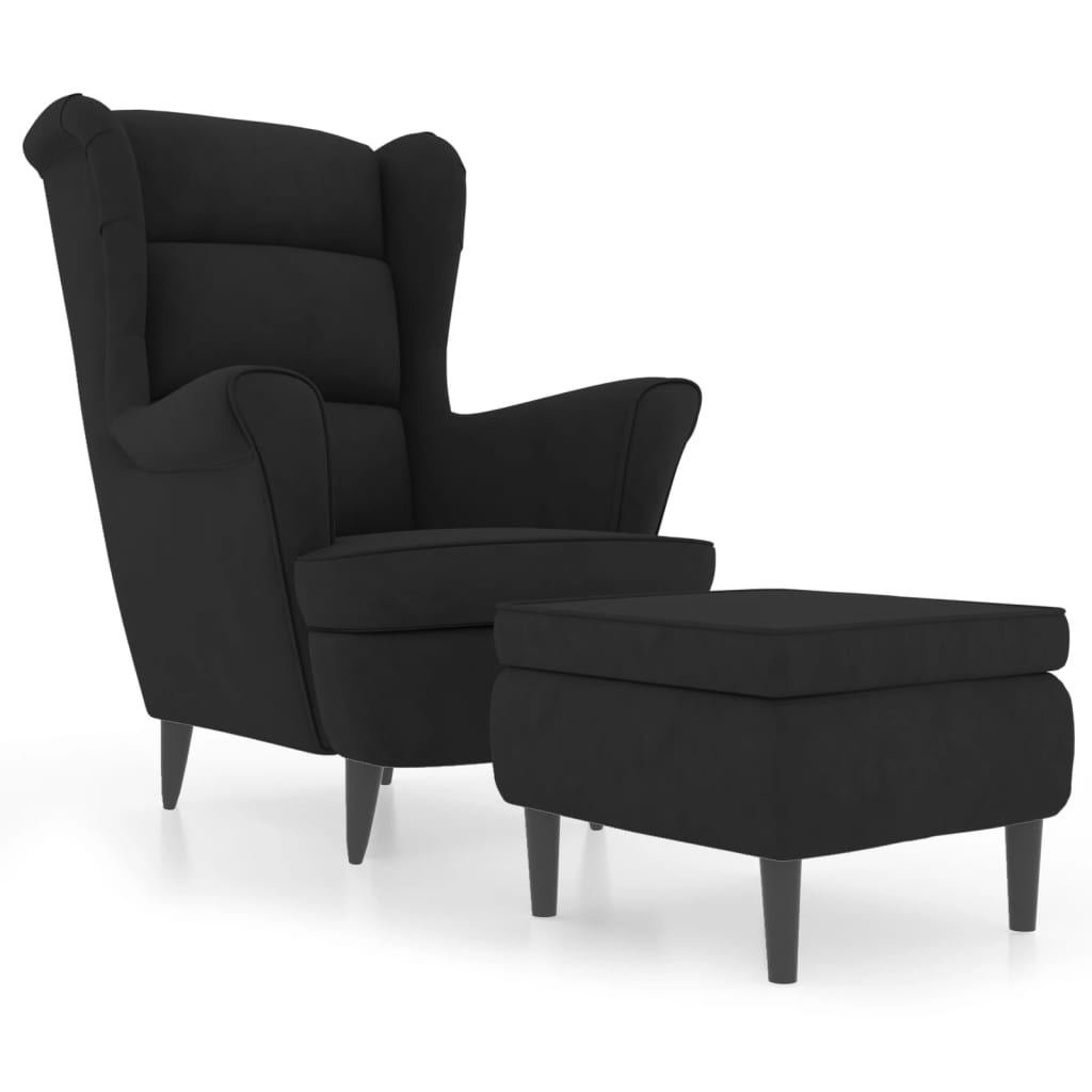 Фотьойл Wingback с табуретка, черен, кадифе