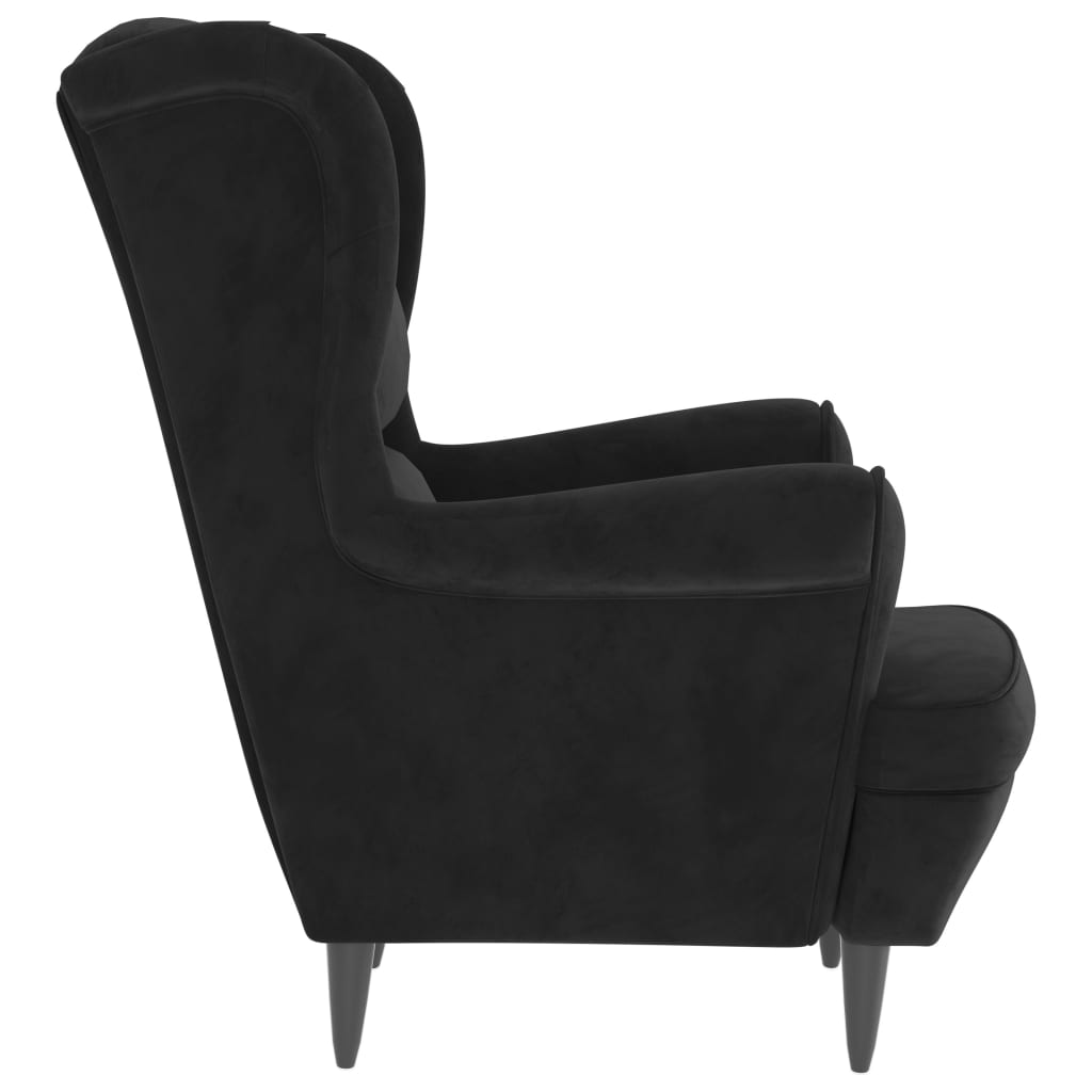 Фотьойл Wingback с табуретка, черен, кадифе