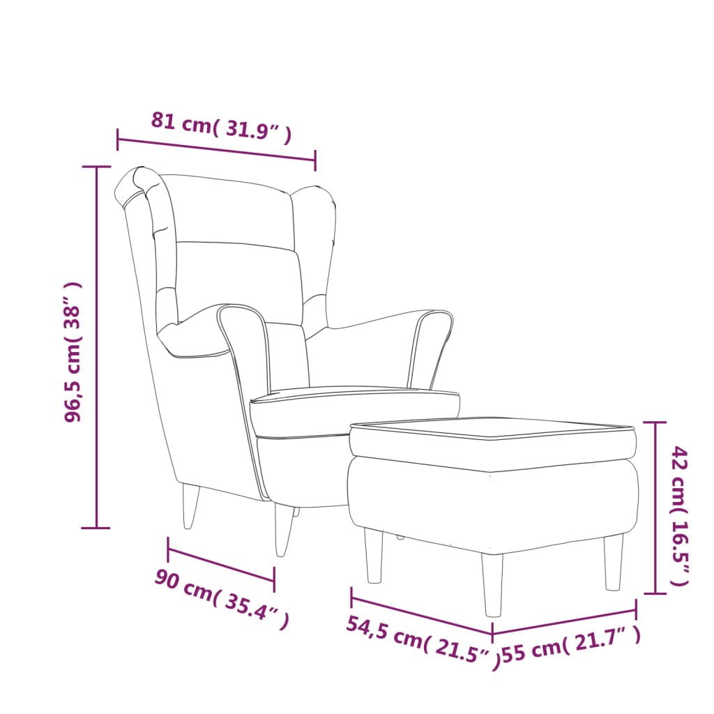 Фотьойл Wingback с табуретка, черен, кадифе