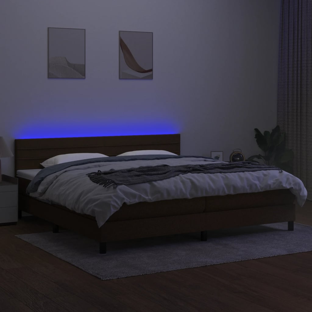 Боксспринг легло с матрак и LED, тъмнокафяво, 200x200 см, плат