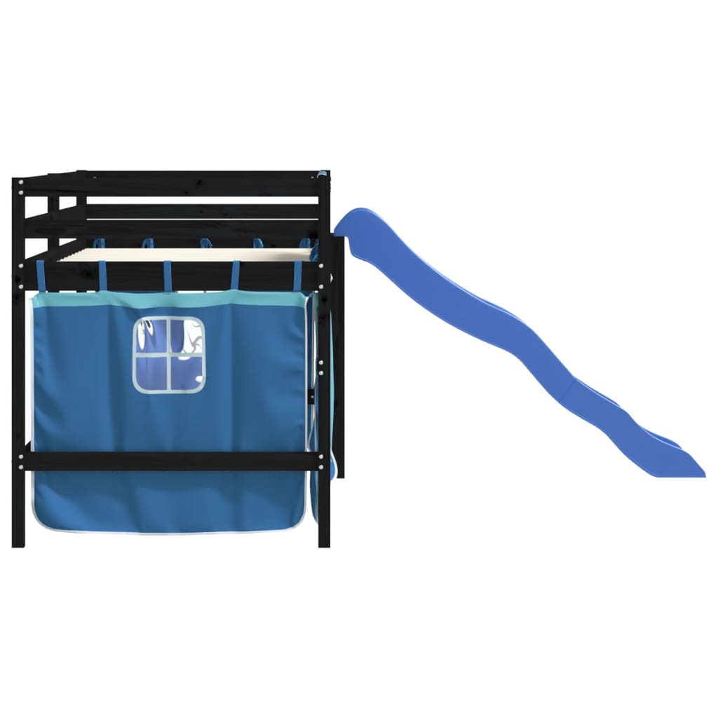 Детско високо легло със завеси, синьо, 90x200 см, бор масив