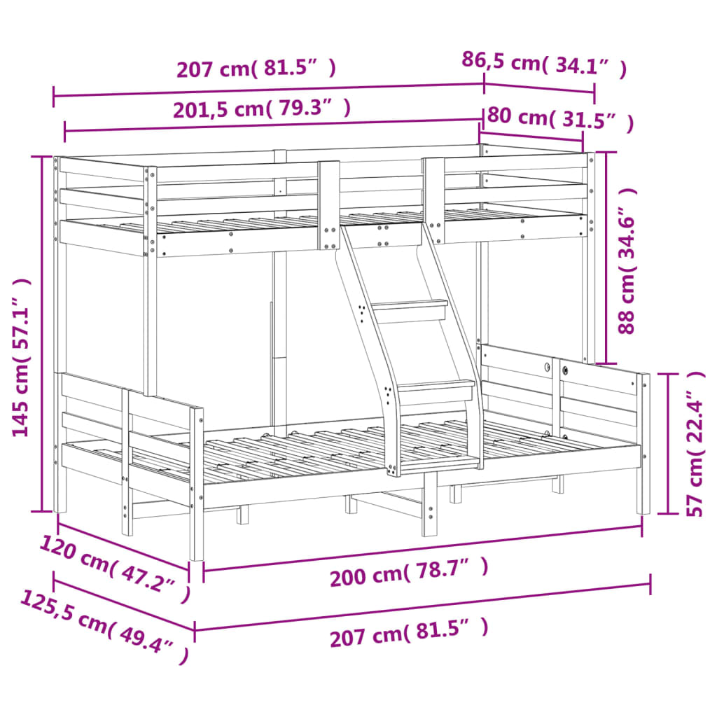 Двуетажно легло, 80x200/120x200 см, восъчнокафяво, бор масив