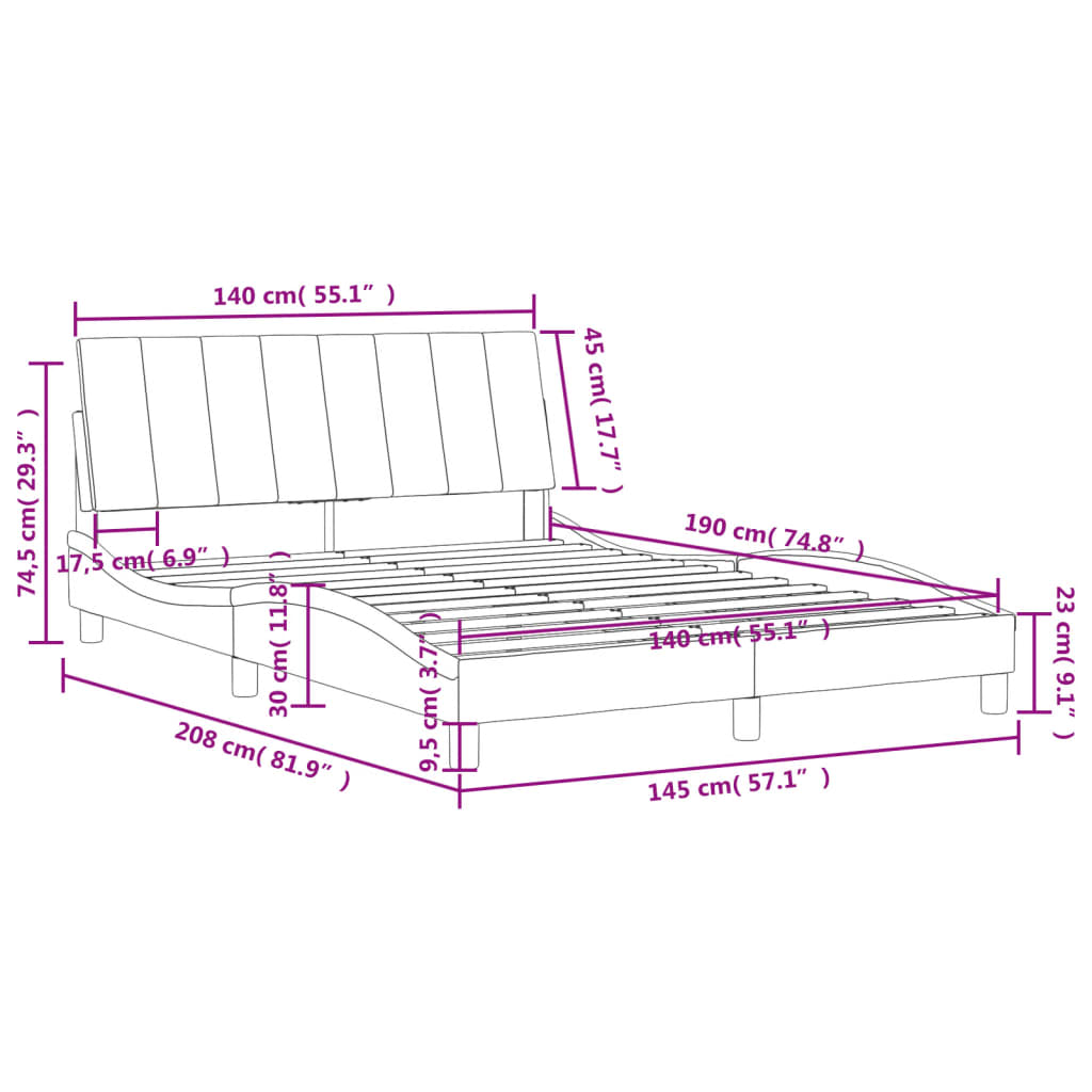 Рамка за легло с табла, светлосива, 140x190 см, кадифе