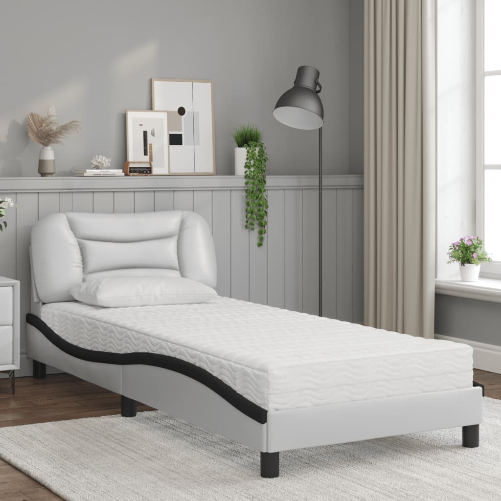 Легло с матрак, бяло и черно, 80x200 см, изкуствена кожа