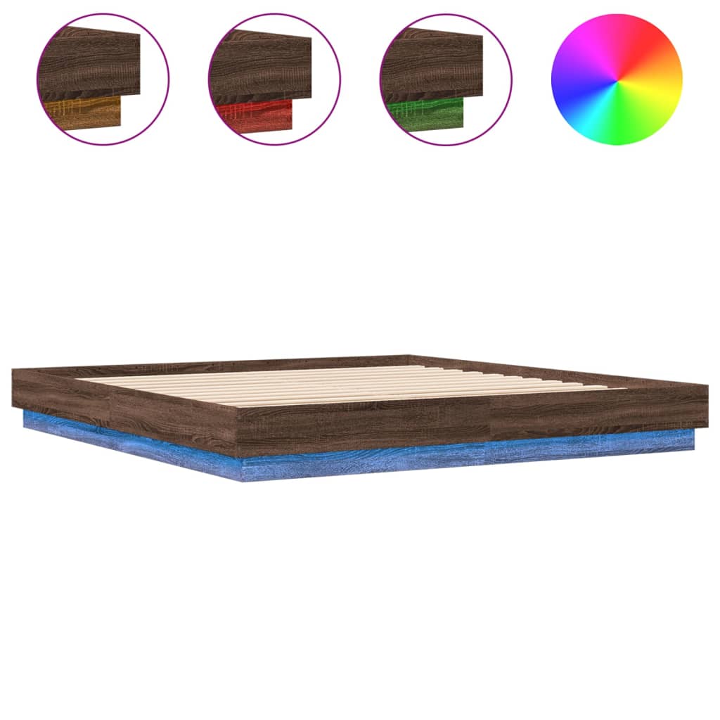 Рамка за легло с LED осветление, кафяв дъб, 200x200 см