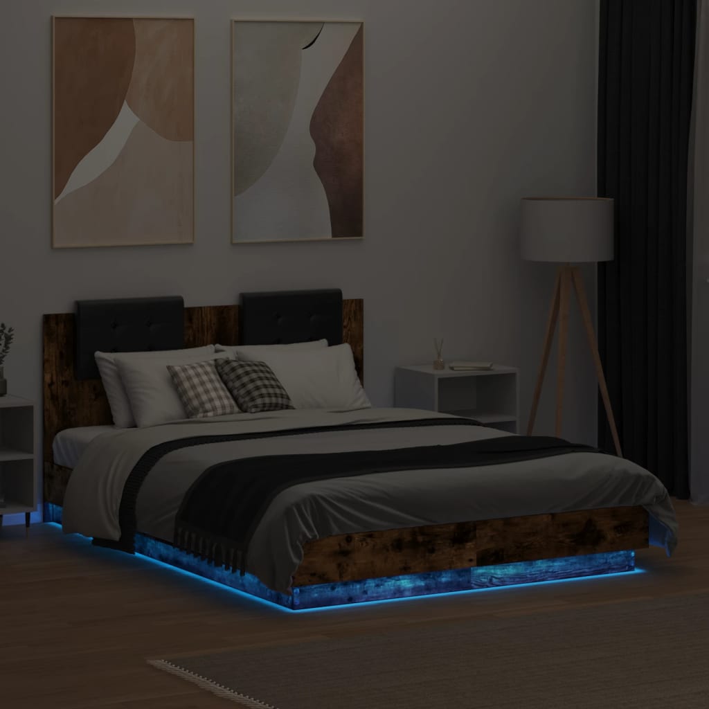 Рамка за легло с табла и LED осветление, опушен дъб, 135x190 см