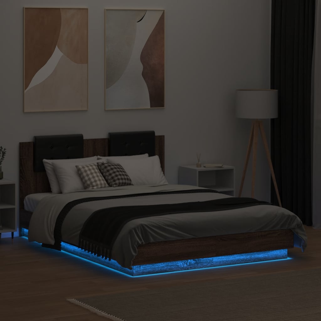 Рамка за легло с табла и LED осветление, кафяв дъб, 135x190 см