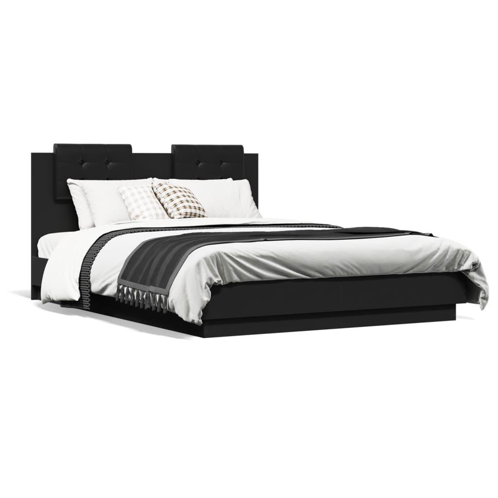 Рамка за легло с табла и LED осветление, черна, 120x190 см