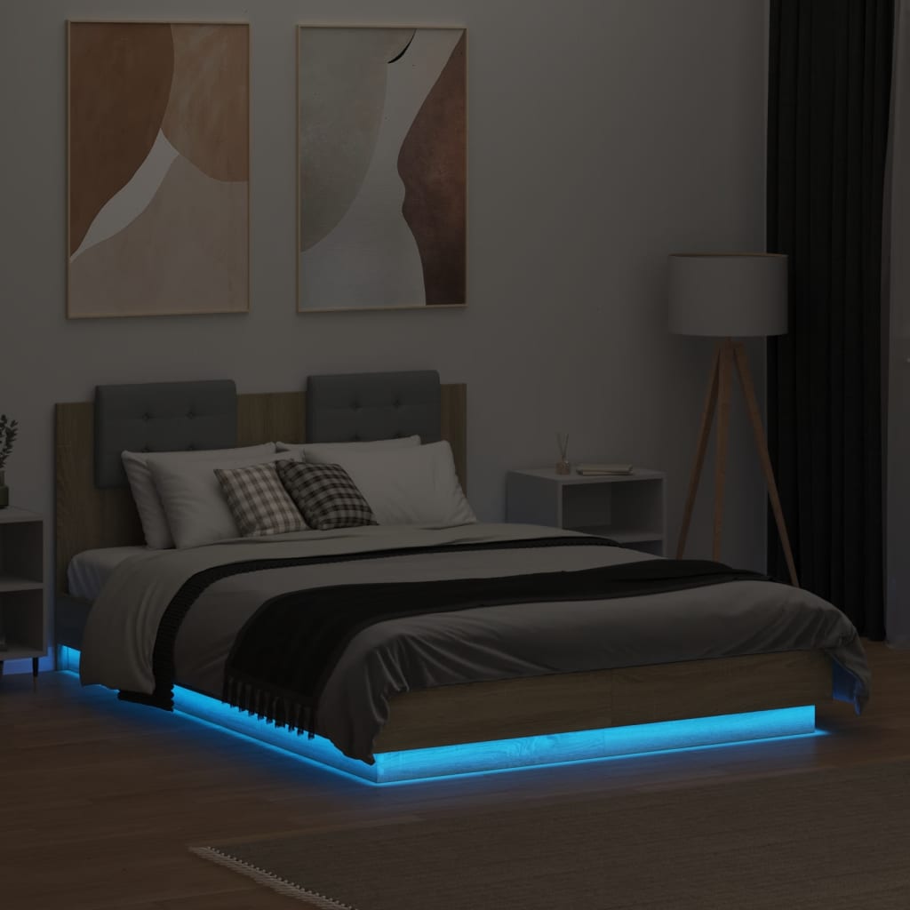 Рамка за легло с табла и LED осветление, дъб сонома, 120x190 см