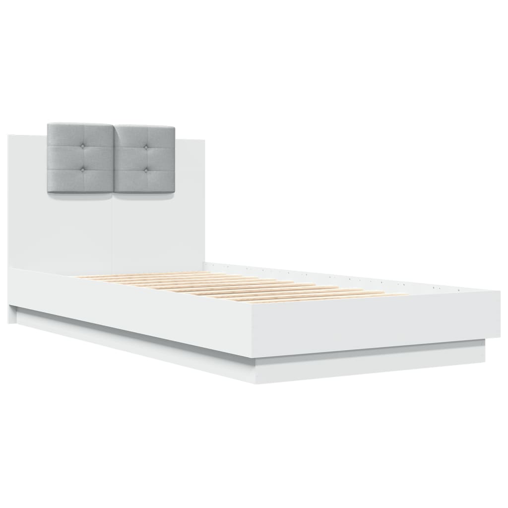 Рамка за легло с табла и LED осветление, бяла, 90x190 см