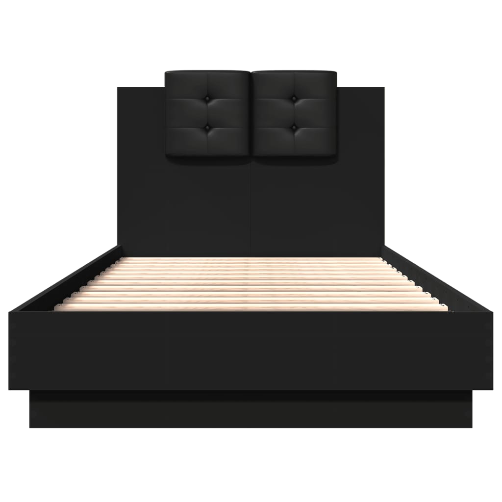 Рамка за легло с табла и LED осветление, черна, 90x190 см