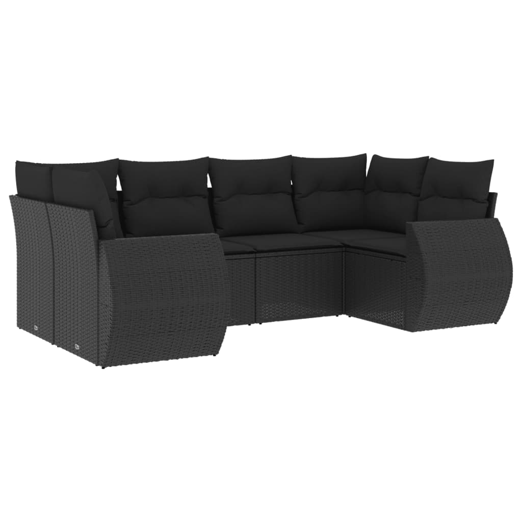 Градински диван с възглавници, 6 части, черен, полиратан