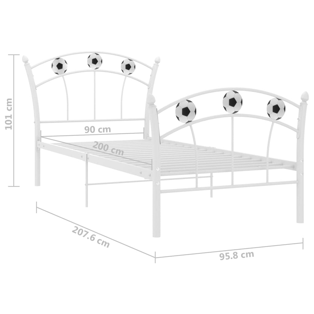 Рамка за легло с футболен дизайн, бяла, метал, 90x200 см