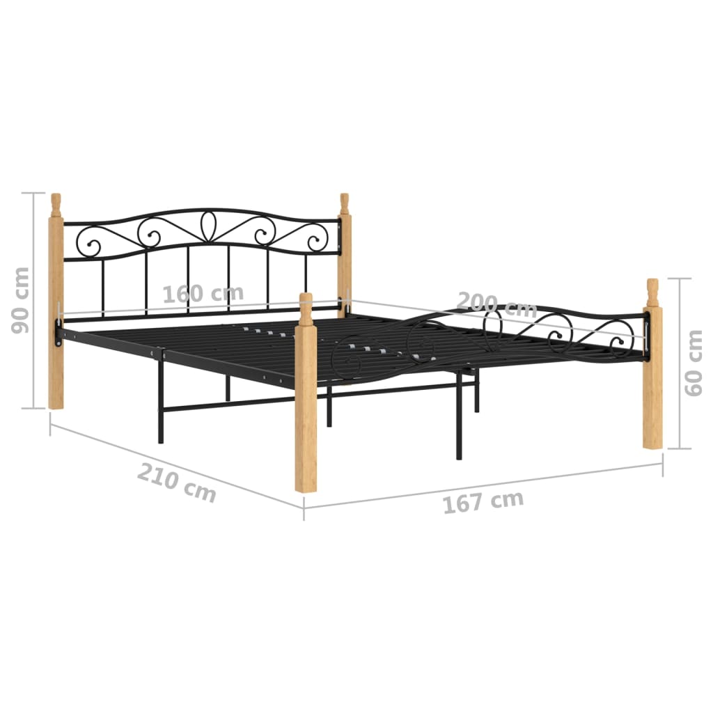 Рамка за легло, черна, метал и дъбов масив, 160x200 см