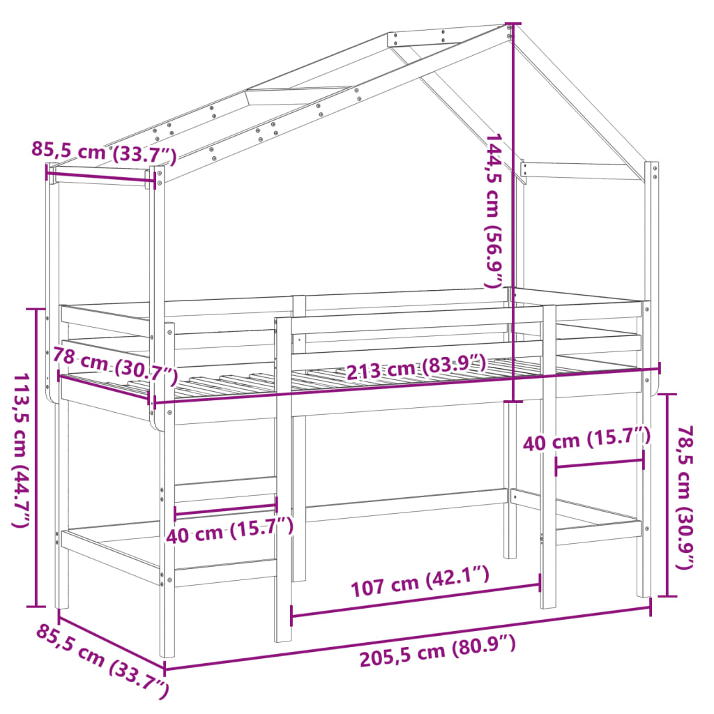 Таванско легло със стълба и покрив, 80x200 см, бор масив