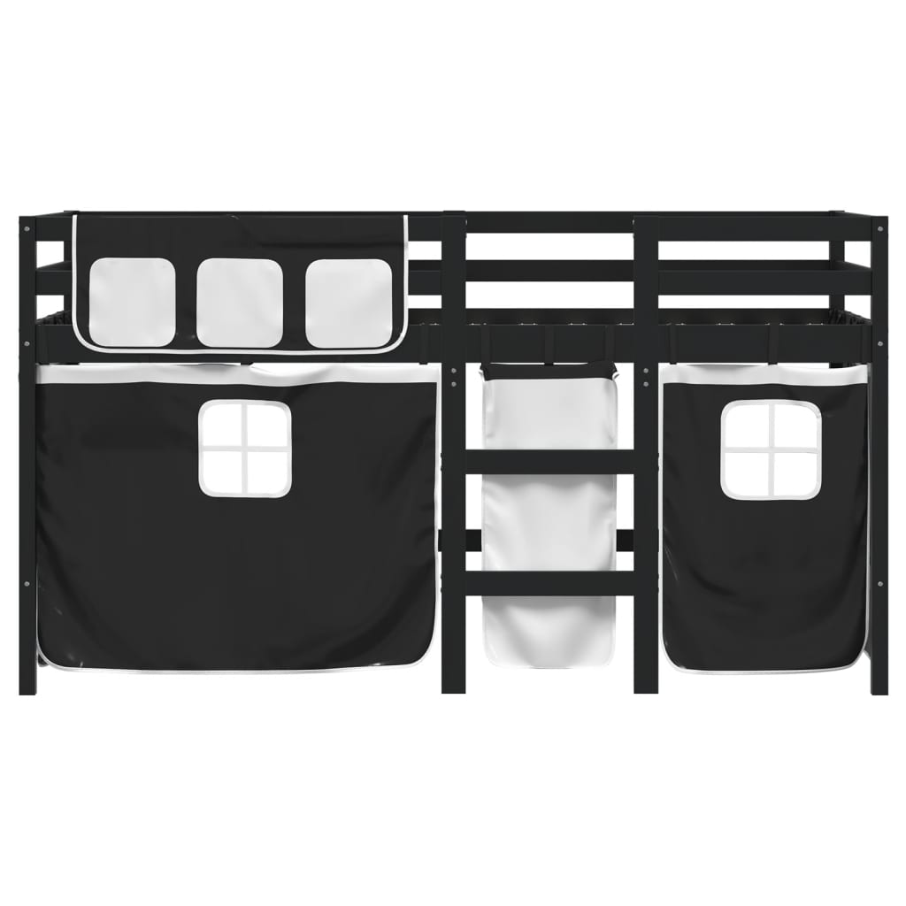 Детско високо легло със завеси бяло и черно 90x200 см бор масив