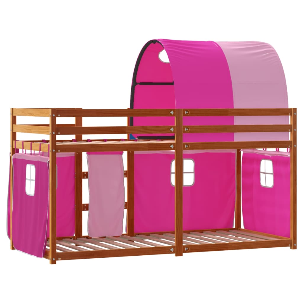 Двуетажно легло със завеси розово 90x190 см масивен бор масив