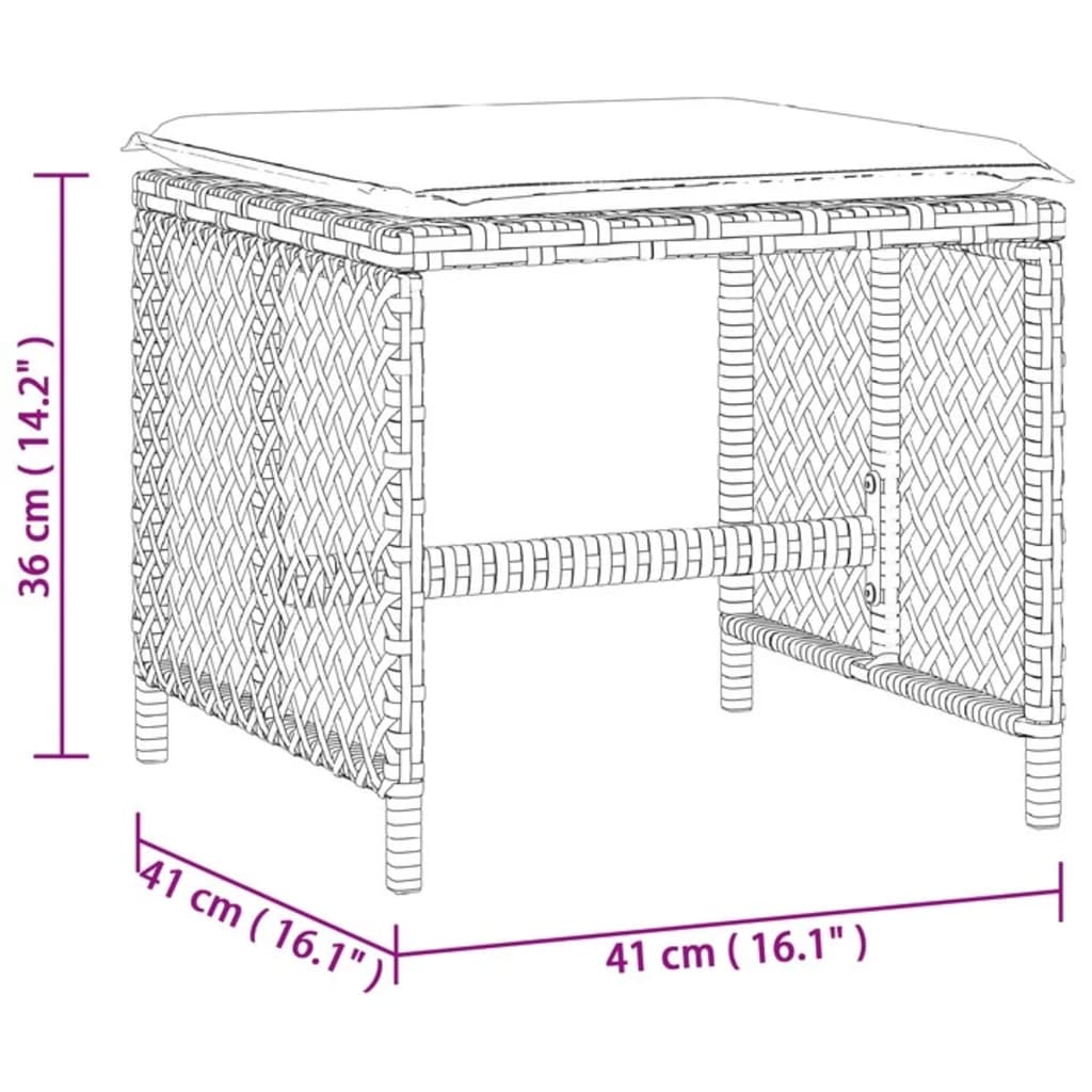 Външни табуретки с възглавници 4 бр черни 41x41x36 см полиратан