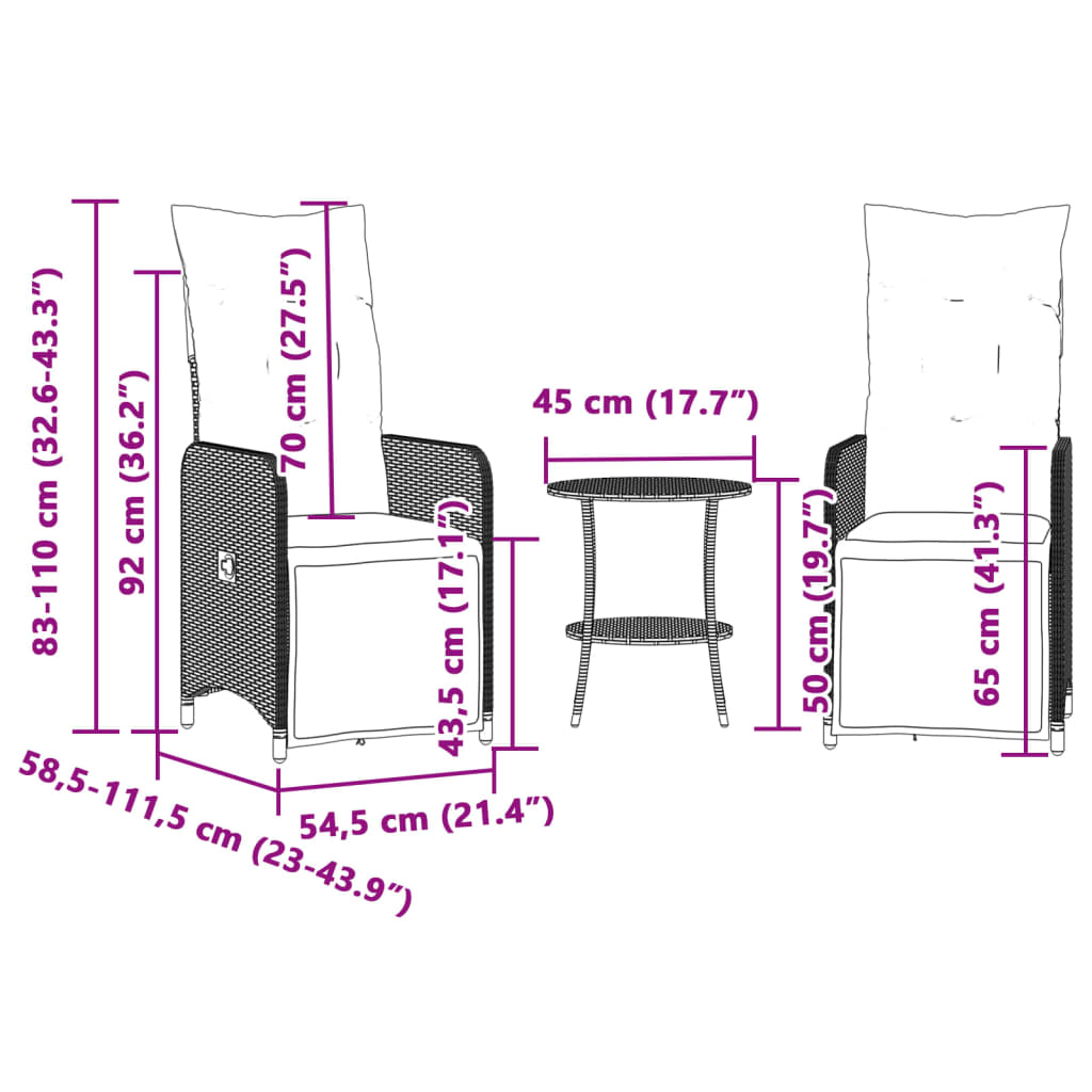 Накланящи се градински столове, 2 бр, с маса, сив, полиратан