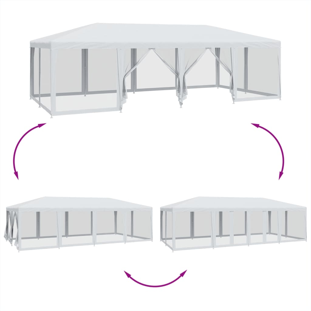 Парти палатка с 12 мрежести странични стени, бели, 8x4 м, HDPE