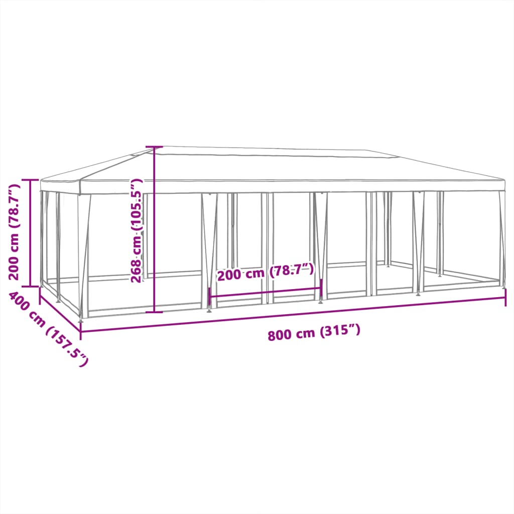 Парти палатка с 12 мрежести странични стени, бели, 8x4 м, HDPE