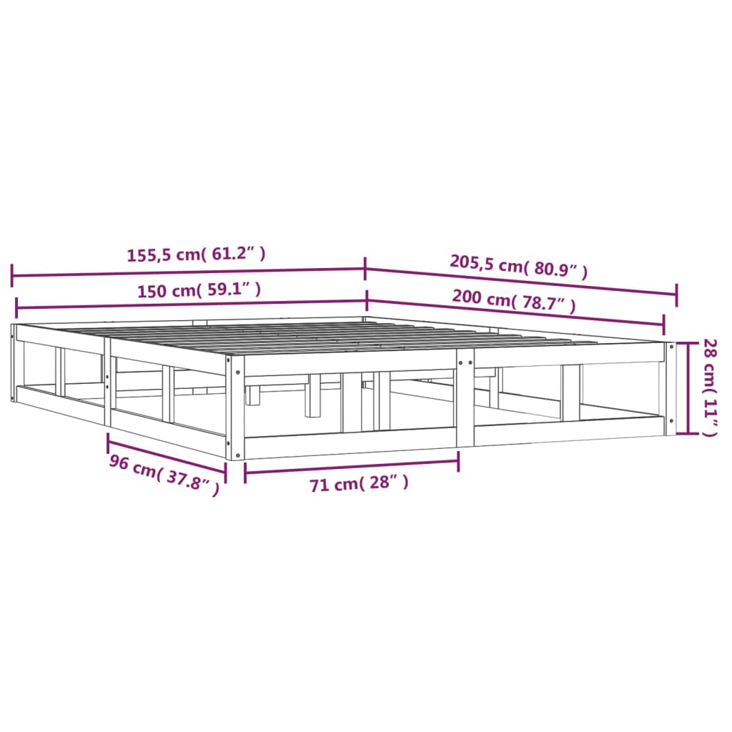 рамка за легло сиво 150x200 см King Size масивно дърво