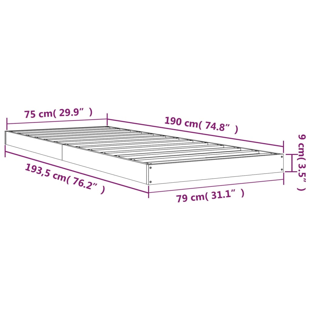 Рамка за легло, сива, 75x190 см, бор масив, 2FT6 Small Single