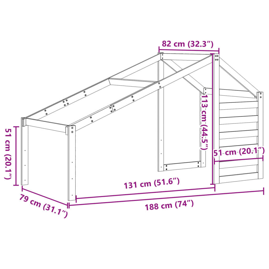 Покрив за детско легло, бял, 188x82x113 см, бор масив